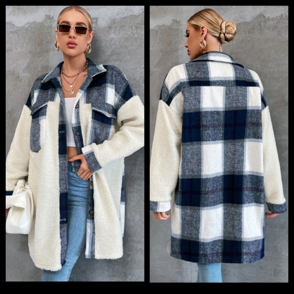 Shein Jackets & Blazers - Blue Plaid Teddy Coat S & M